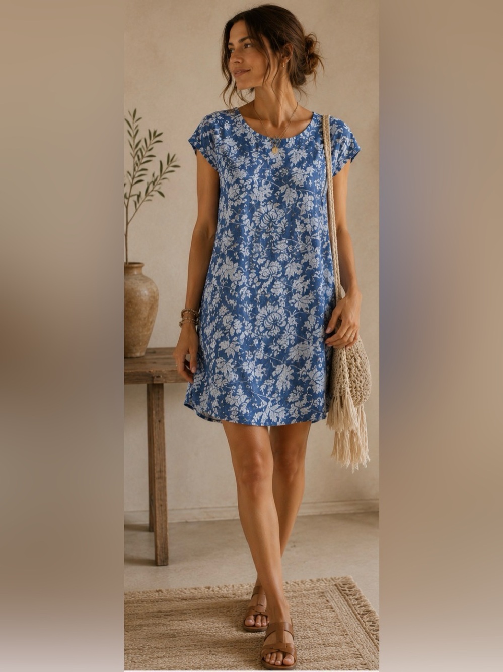 Linen Made in Italy Blue Floral Dress | Cottagecore Boho Shift Dress | Small